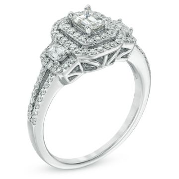 Anello con doppio telaio di diamanti taglio smeraldo Past Present Future da 1 CT. T.W. in oro bianco 14K