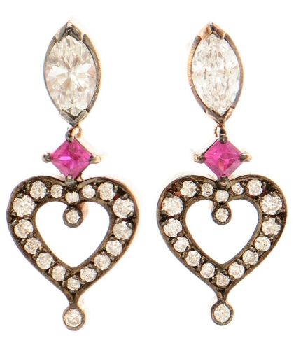 Orecchini Cuore in Oro Rosa 18k con Rubini e Diamanti