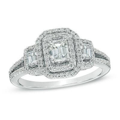 Anello con doppio telaio di diamanti taglio smeraldo Past Present Future da 1 CT. T.W. in oro bianco 14K