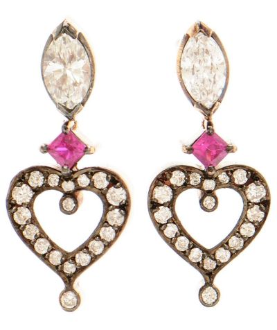 Orecchini Cuore in Oro Rosa 18k con Rubini e Diamanti