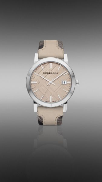 Orologio Burberry Beige 38mm in Acciaio Inossidabile con Cinturino in Pelle a Quadri Affumicati